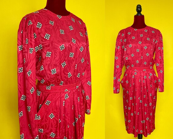 Vintage '80s Pink Silk Dress | Geometric Print | M