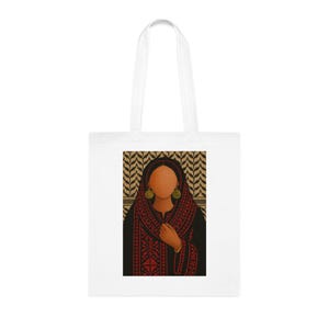 Palestinian Cultural Cotton Tote Bag, Palestinian Woman with Kufiyeh Background, Free Palestine Support, Red and Black Dress, Gift