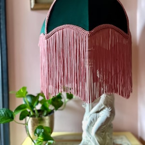 14”Luxury handmade victorian  fringe lampshade, Green and Pink velvet lampshade, Art Deco Lampshade, Vintage tassel light  table, floor lamp