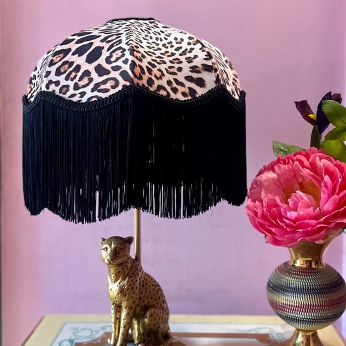 Handmade Leopard Print Velvet Lampshade, Black Fringe, Art Deco, 12”
