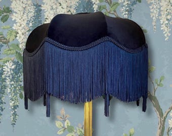 Handmade Art Deco Fringe Lampshade: Navy Blue Velvet, 16”