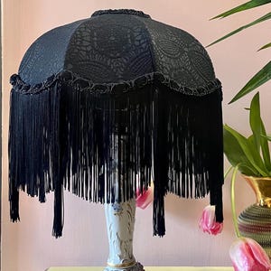 12” Art Deco Lampshade handmade fringed lampshade/ Black bedside lamp shade / gothic lampshade/ Victorian lampshade / tassel light/ pendant