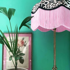16” Luxurious Handmade Fringe Lampshade, leopard print Art Deco lamp shade, vintage tassel light, pink fringed lampshade