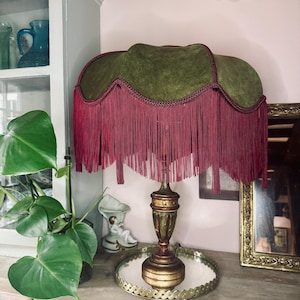 Handmade Moss Green Velvet Lampshade / Dark Red Fringe Lampshade, Art Deco Tassel Light, 16” Fringe Lampshade