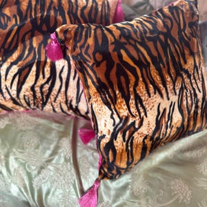 Handmade Velvet Tiger Print Cushion with Hot Pink Velvet & Pink Silk Tassels, Brass Zip, Pillow Insert Included, Velvet Throw Pillow