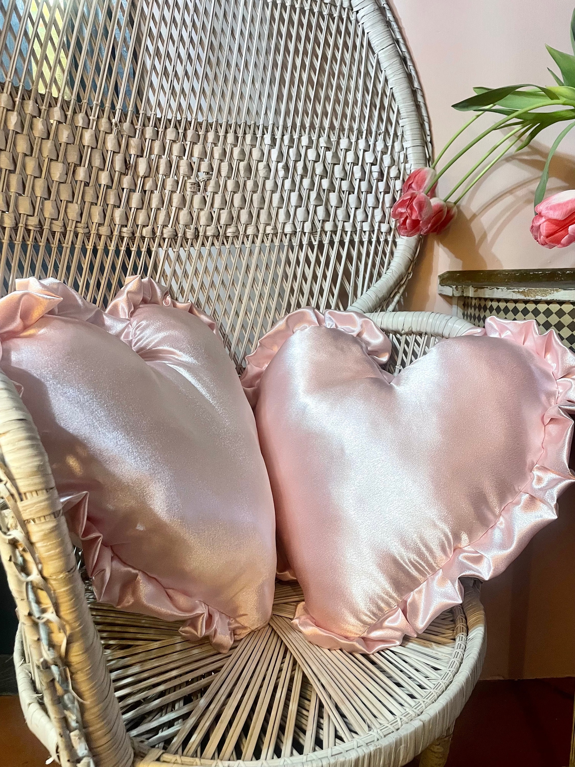 Beautiful Handmade Pale Pink Satin Heart Cushion, Heart Beautiful Handmade Pale Pink Satin Heart Cushion, Heart
