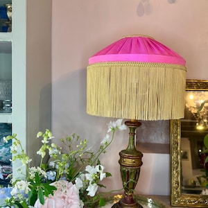 Luxury 12” Handmade Pink Fringed Lampshade, Silk Art Deco Lampshade, Pink Tassel Lampshade, Hot Pink Pleated Lampshade, Pale Pink Lampshade
