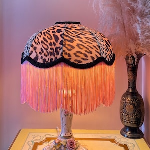 Luxury 12”  Handmade Leopard Print Lampshade, Art Deco Fringe Lampshade, Victorian lampshade, Pink Fringe Lamp, Tassel Light, Barbie Pink