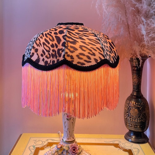 Luxury 12”  Handmade Leopard Print Lampshade, Art Deco Fringe Lampshade, Victorian lampshade, Pink Fringe Lamp, Tassel Light, Barbie Pink