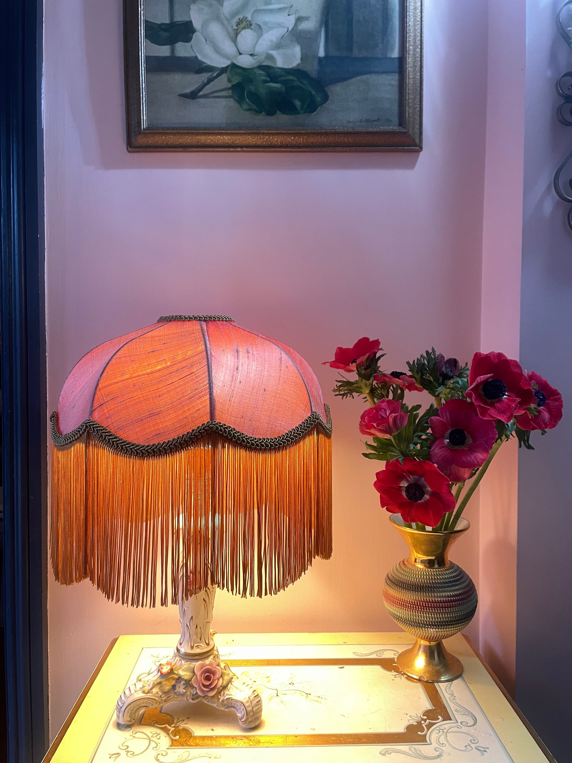 Luxury 12” Handmade Pink Silk Fringe Lampshade, Art Deco Fringed