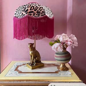 Luxury 12” handmade leopard print lampshade, Art Deco fringed lampshade, Victorian lampshade, hot pink fringe lamp shade, tassel light