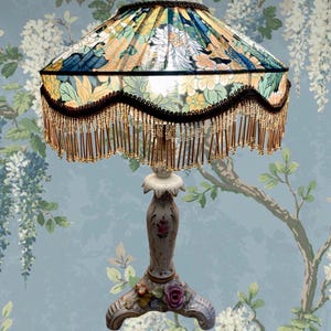 Luxury 12” handmade beaded fringe lampshade, Art Deco fringed lampshade, Victorian lampshade, floral vintage lamp shade, tassel light