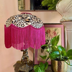 Luxury 12” handmade leopard print lampshade, Art Deco fringed lampshade, Victorian lampshade, hot pink fringe lamp shade, tassel light