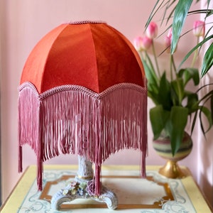 Luxury 12” Handmade Coral & Dusky Pink Velvet Fringe Lampshade, Art Deco lampshade, Tassel Light, Victorian Lamp Shade, Orange Velvet Light