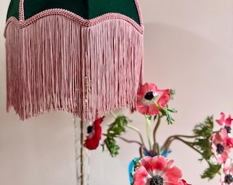 12” Handmade green velvet fringe lampshade, Art Deco Lamp shade, Tassel Light, Ceiling pendant, green and pink silk fringe lampshade