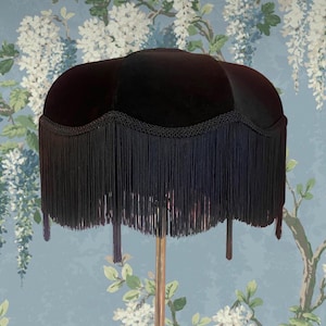 Luxury handmade black velvet fringe lampshade, tassel light, art deco lamp shade, gothic lampshade, sizes 14” & 16”, ceiling pendant light