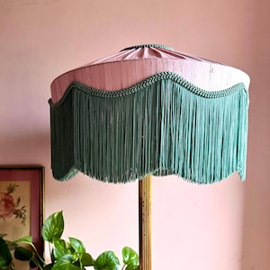 Luxury 14/16” pink & green silk fringe lampshade, Art Deco fringed lampshade, Victorian lampshade, fringe lamp shade, tassel light