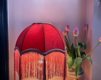 Coral Velvet Fringe Lampshade, Art Deco Tassel Pendant Light, Victorian Style Home Decor 12”