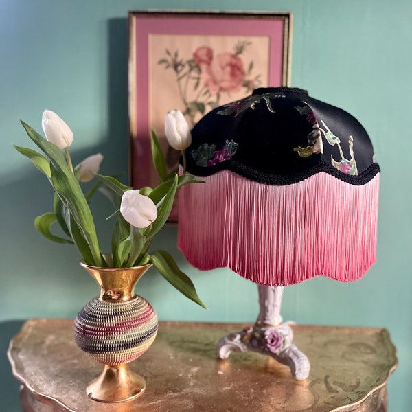 Handmade black floral vintage Victorian lampshade, hot pink dip dyed fringe, tassel light, Art Deco lamp shade,