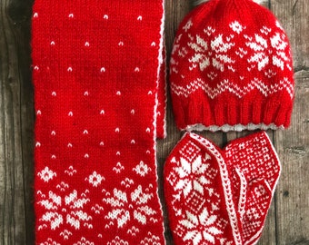 Snowflakes Hat, Scarf and Selbu Mittens Digital Knitting Patterns Bundle