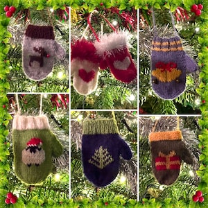 May include: A collection of ten knitted mitten ornaments, each with a different design. The mittens are decorated with a variety of patterns, including reindeer, a snowman, a tree, a bird, and a bell. The ornaments are hanging on a Christmas tree.