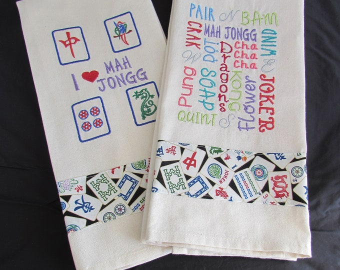 Mah Jongg Game Tea Towels - BAM, Crak, Dragons and Dot Embroidered Tea Towel Set with Embellished Trim