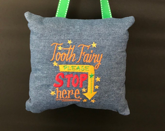 Tooth Fairy Pillow that hangs on the door Denim fabric