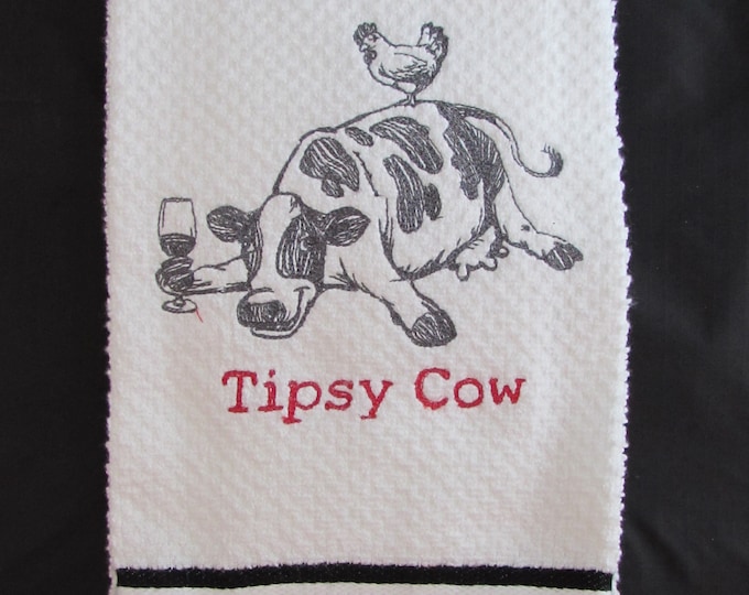 Funny Farm Animals Embroidered Tea Towels "Tipsy Cow"