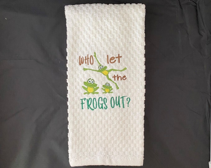 Funny Jewish Humor Embroidered Towel "Who Let the Frogs OUT? Passover Plague Towel