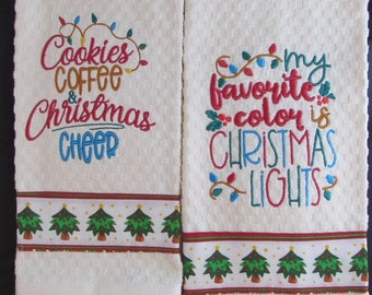Funny Christmas Embroidered Towel Set " Favorite Color is Christmas Lights" & "Cookies Coffee and Christmas Cheer"