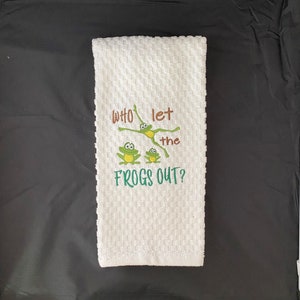 Funny Jewish Humor Embroidered Towel "Who Let the Frogs OUT? Passover Plague Towel