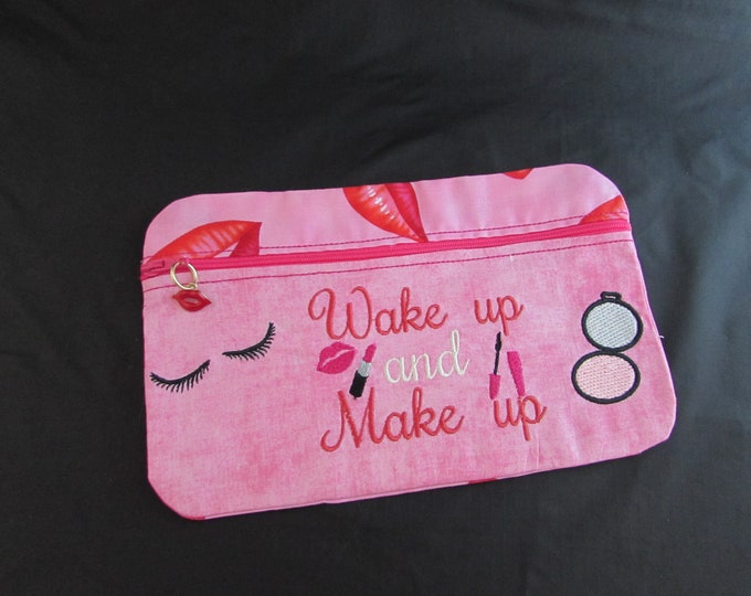 Ladies Make-up Bag "Wake-Up & Make-Up" with Pink Lip Fabric