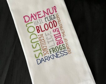 DAYENU!  Embroidered Kitchen Towel for Passover with the 10 Plagues