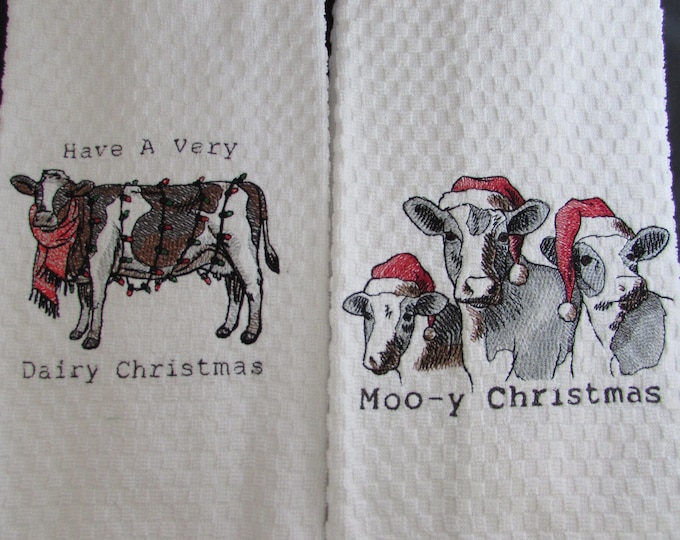 Funny Christmas Embroidered Towel Set " Have a MOO-ey Christmas" & "Have a Very Dairy Christmas"