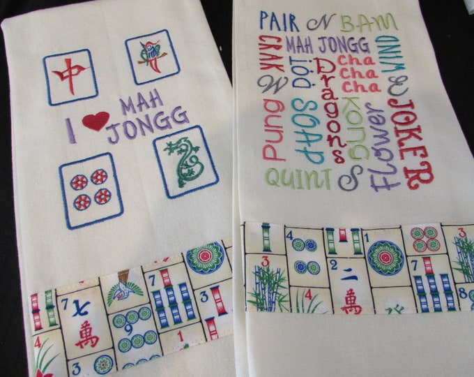Mah Jongg Game Tea Towels - BAM, Crak, Dragons and Dot Embroidered Tea Towel Set with Embellished Trim