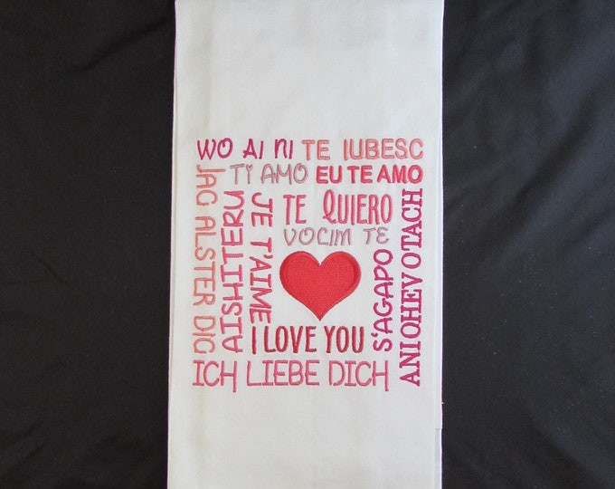 I LOVE YOU in 13 languages Embroidered Tea Towel - TILE design