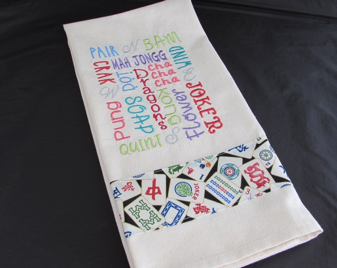 Bam! Crak! Joker, Flowers and More: Embroidered  Mah Jongg Tile Tea Towel with Embellished Trim