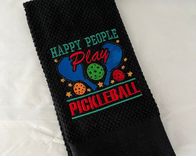 Fun and colorful embroidered "HAPPY PEOPLE play Pickleball"