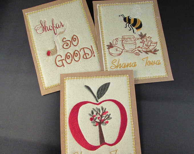 Jewish Rosh Hashanah High Holy Day Embroidered Greeting Card Set of 3