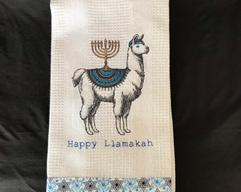 Jewish FunnyTheme Embroidered Towel for Hanukkah "Happy Llamakah" Llama with Yarmulke