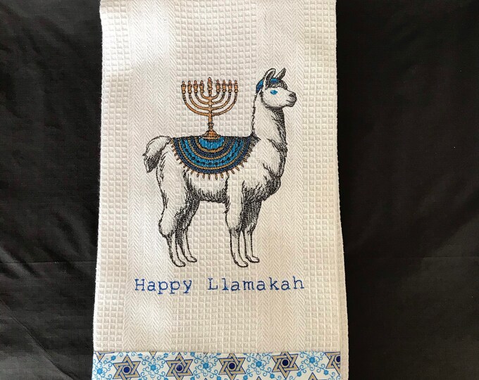 Jewish FunnyTheme Embroidered Towel for Hanukkah "Happy Llamakah" Llama with Yarmulke