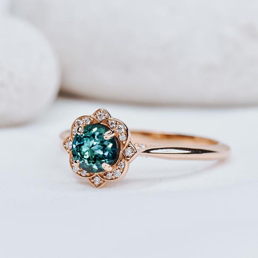 Montana Sapphire Engagement Ring Unique Round Blue Green - Etsy