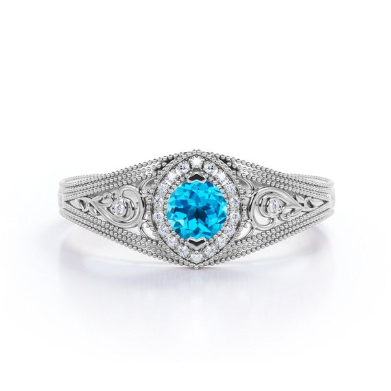 14k Gold Swiss Blue Topaz Engagement Ring Art Deco Filigree Blue Topaz Wedding Ring for Women Vintage Blue Topaz Antique Bridal Promise Ring