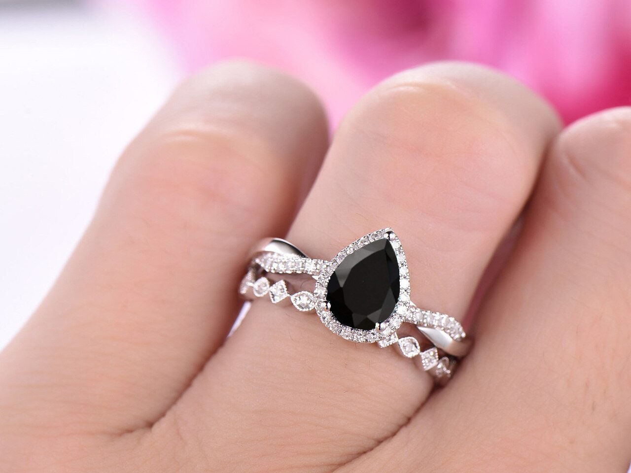 Pear shaped Black Onyx Engagement Ring Rose Gold Halo Unique Etsy