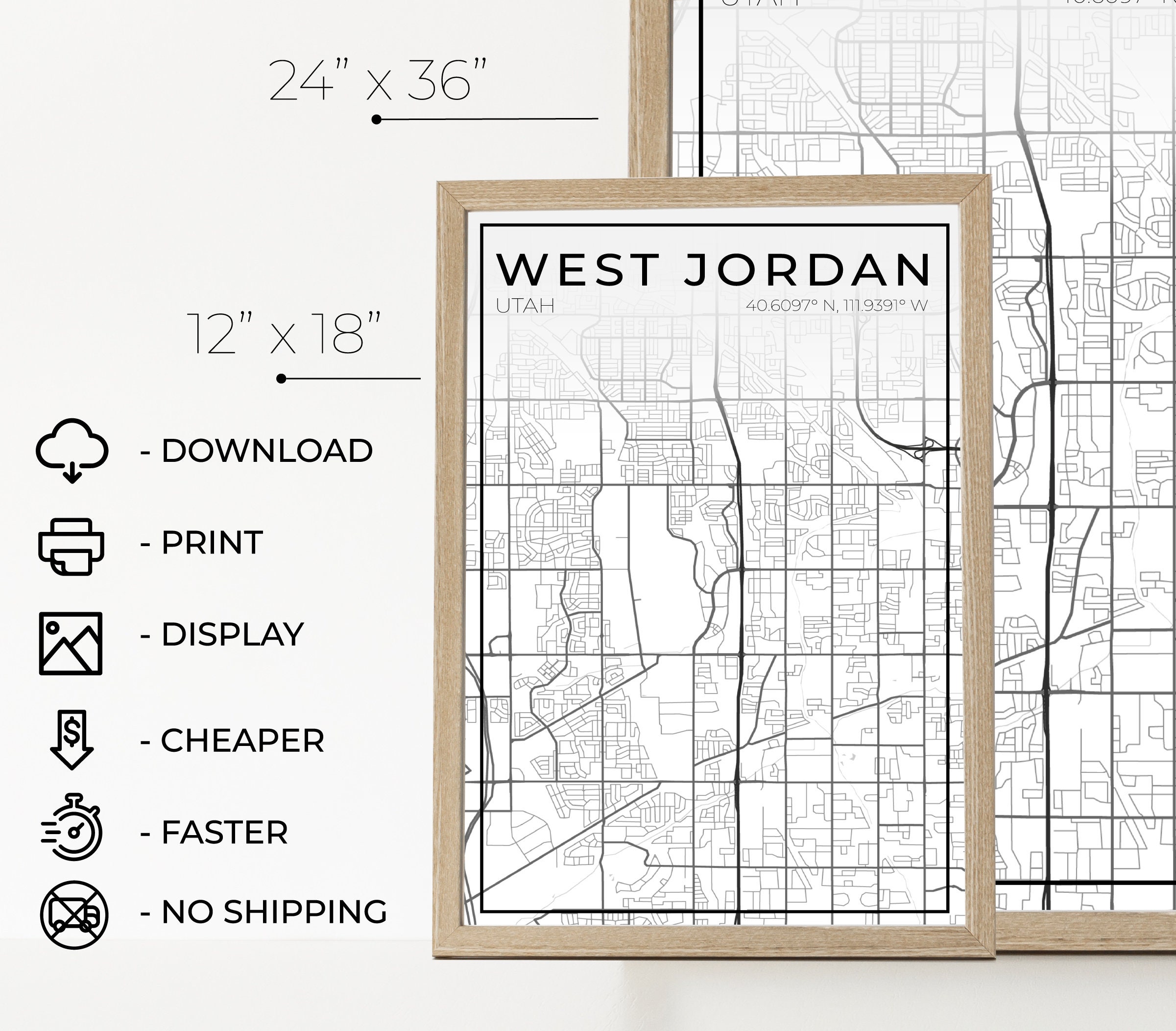 West Jordan Utah Map Poster Wall Decoration Digital Print Etsy