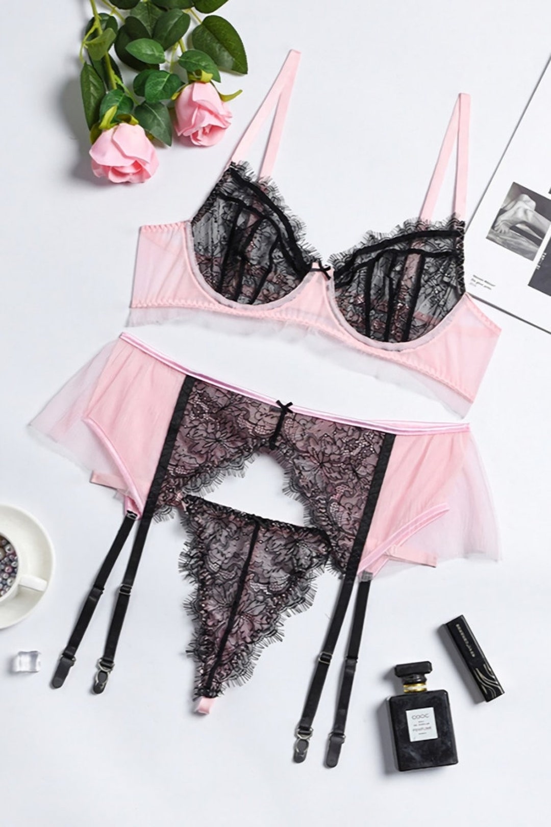 Strappy Lace Bra Thong Garter Belt and Gloves Set Black Pink