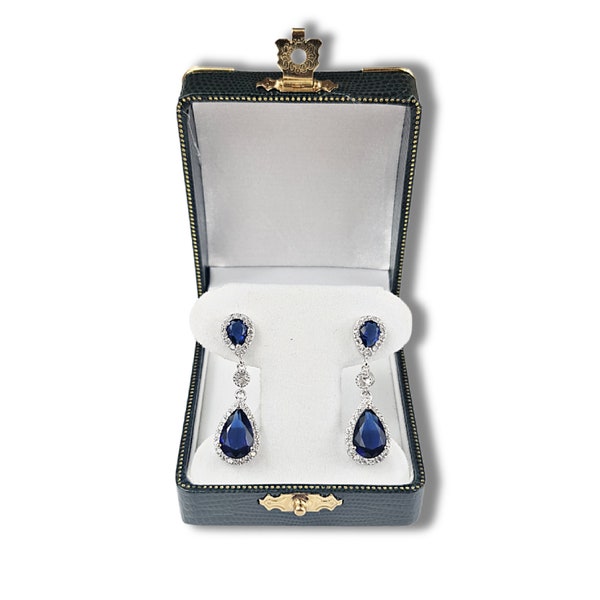 White gold finish blue sapphire pear cut created diamonds dangle earrings