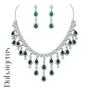 White gold finish pearcut green emerald and created diamond droplet necklace