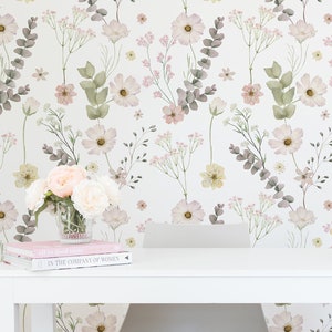 Pink Botanical Florist Wallpaper. Removable Peel + Stick and Traditional Wallpaper. Nursery Wallpaper. Bedroom Wallpaper. Floral. 25 Inch*