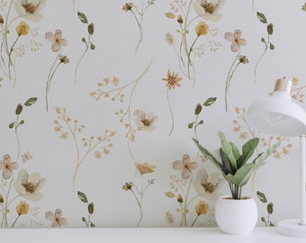 Delicate Floral Wallpaper. Yellow. Watercolor. Peel and Stick + Traditional Wallpaper Options. Removable. Accent Wall. Bedroom. Dining room*